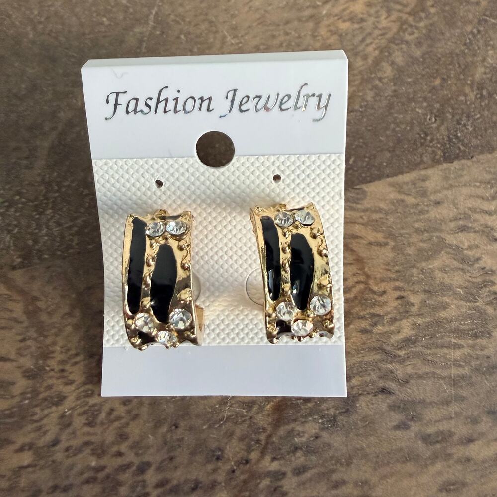 🍭6/$30 New Fashion Jewelry Black Enamel Gold Rhinestone Studded Fancy Earrings